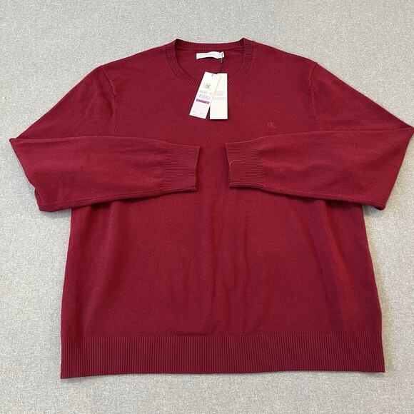 $98 Men Calvin Klein CK Logo Wool Crewneck Classic Holiday Knit Sweater XXL Wine - Picture 1 of 6